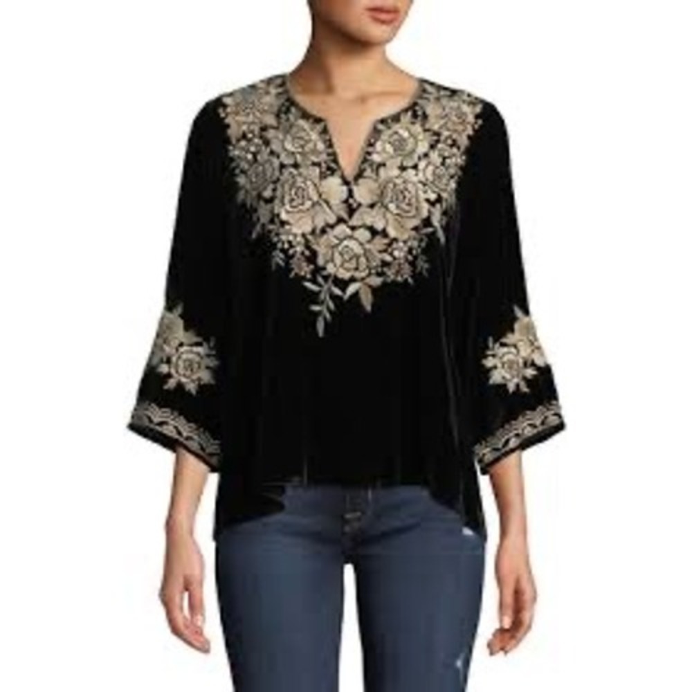 Johnny Was Velvet Embroidered Blouse Black Floral Boho Top XL